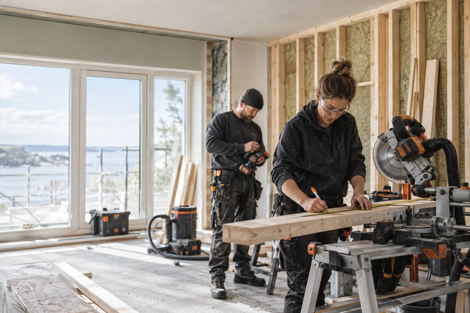Fagfolk med professionelt værktøj under en renovering. Illustrationsbillede.